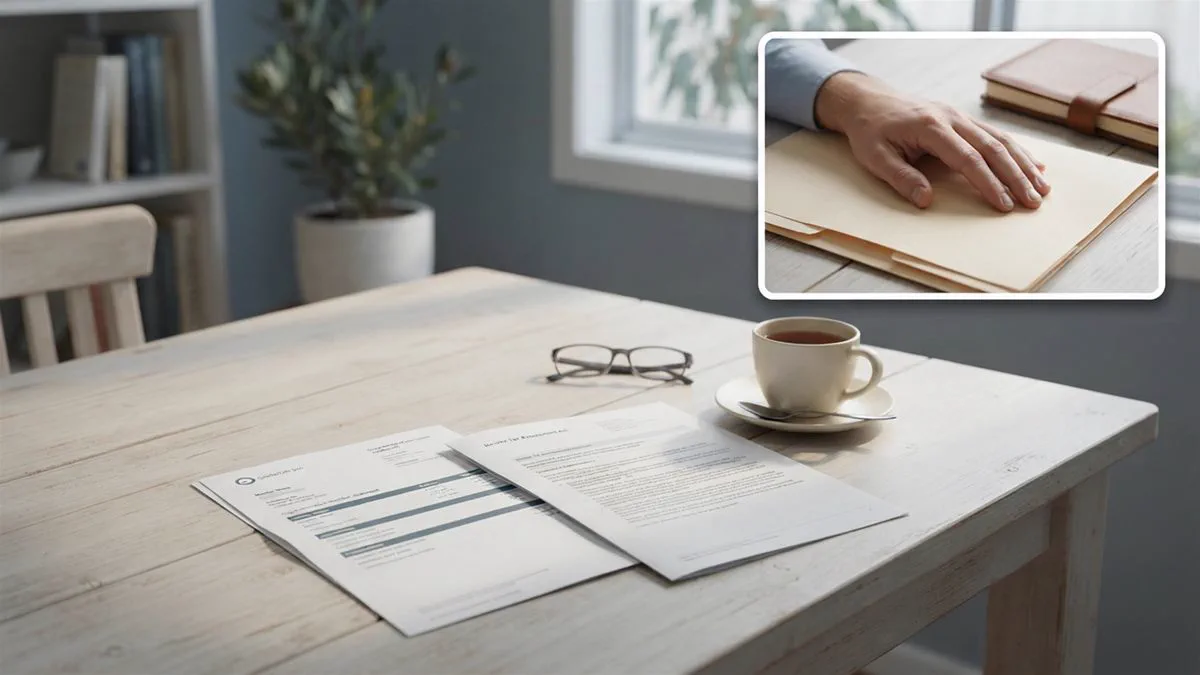A calm illustration of a superannuation statement on a kitchen table beside a calculator and a cup of tea.